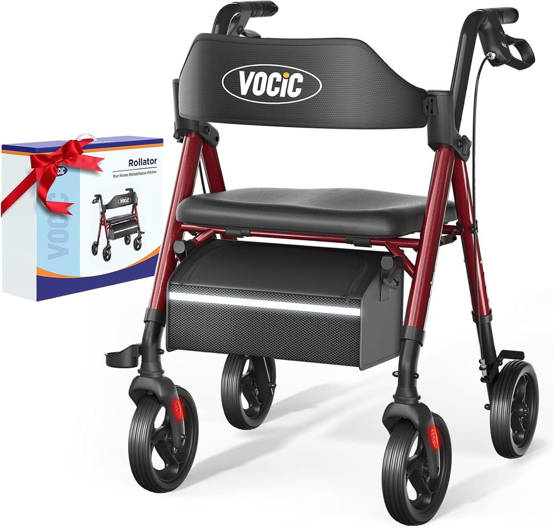 Walkers for Seniors, Z21 Rollator Walker with Seat Supports 350lb, 8" Big Wheels for All Terrain, Ergonomic Arc Seat & 6" Ultra Backrest Foldable Walker, Dual Height Adjustment, Lightweight 2025 (Gloria Red)