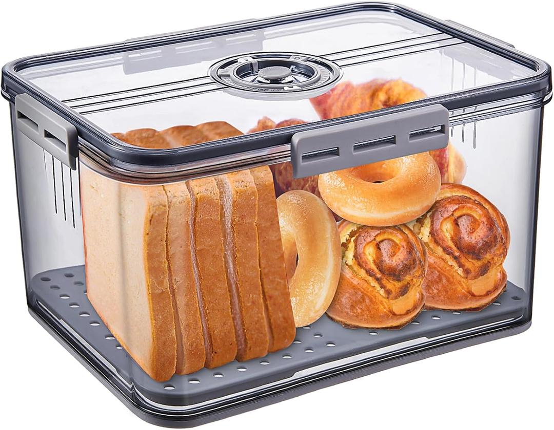 Bread Box Bread Boxes for Kitchen Counter Airtight, Time Recording Bread Storage Container with Lid, Bread Keeper for Homemade Bread, Toast, Bagel, Donut and Cookies, LARGE Grey