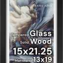 Frame Amo 15x21.25 Black Solid Wood Puzzle Frame, White Mat for 13x19 Image, Tempered Glass Front, 1.5 inch Wide, 1 inch Thick, High-End, Heavy-Duty, Gallery Grade & Acid-Free