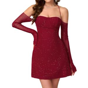 Parthea Womens Sexy Dress Sequin Sparkly Glitter Dress Off Shoulder Long Sleeve Party Club Going Out Mini Dresses (10-12, Wine)