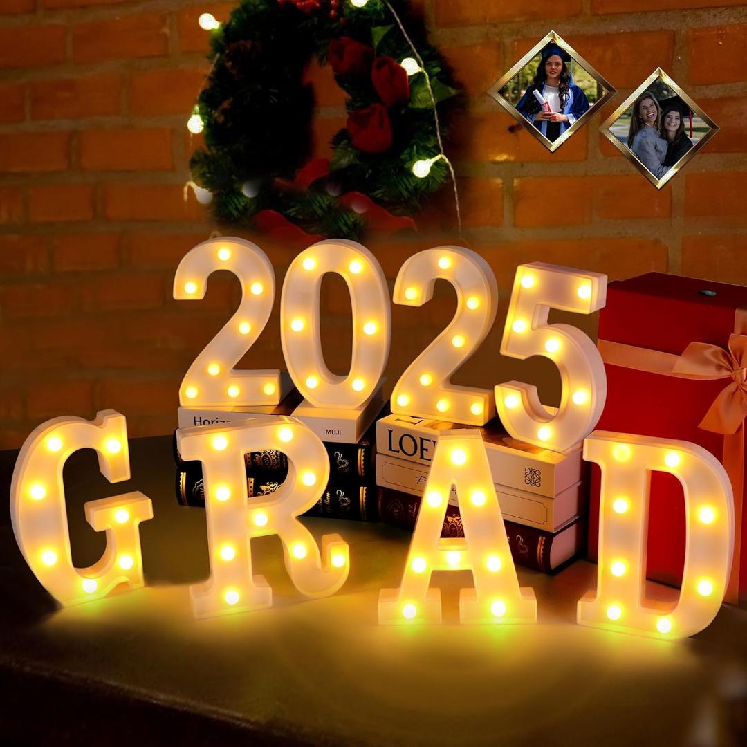 Forwe 2025 Graduation Decorations, 8 LED Marquee Light Up Letters GRAD 2025 Kindergarten High School College Graduation Decorations Party Supplies (2025 White)