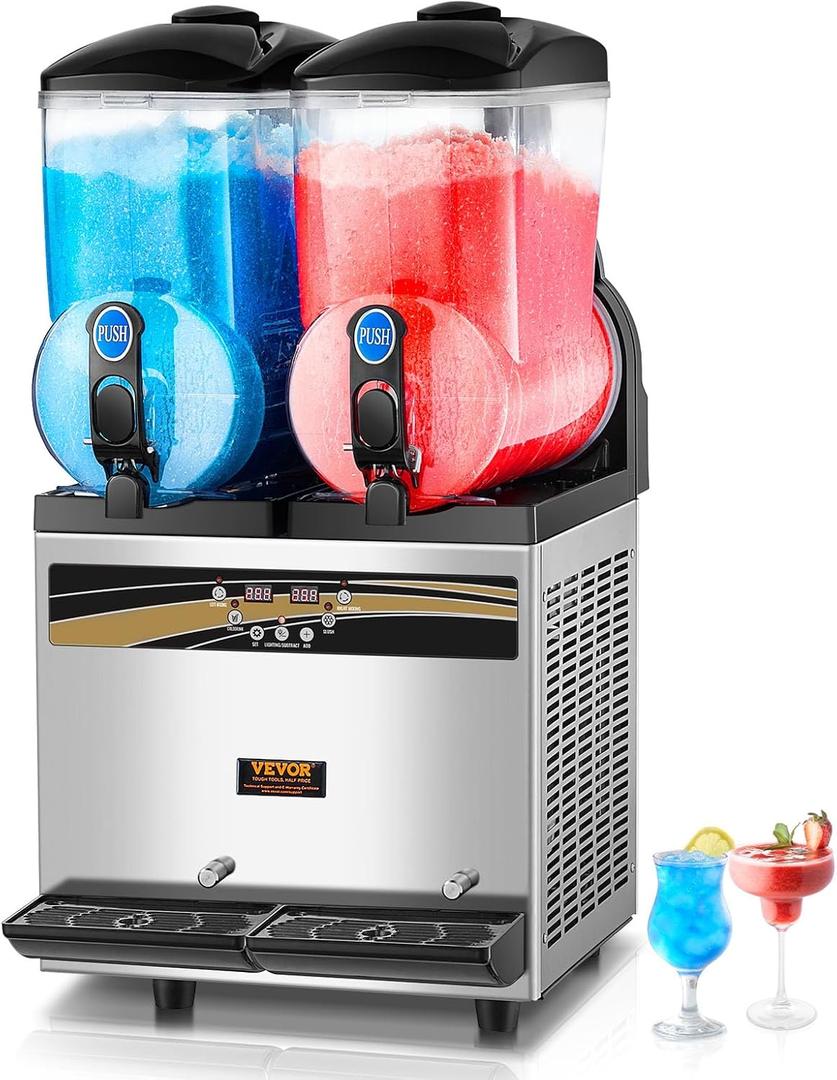 VEVOR Commercial Slushy Machine, 15Lx2 Tank Margarita Maker, 1000W Stainless Steel Smoothie Frozen Drink Maker for Supermarkets Cafs Restaurants Bars Home Use (Black)