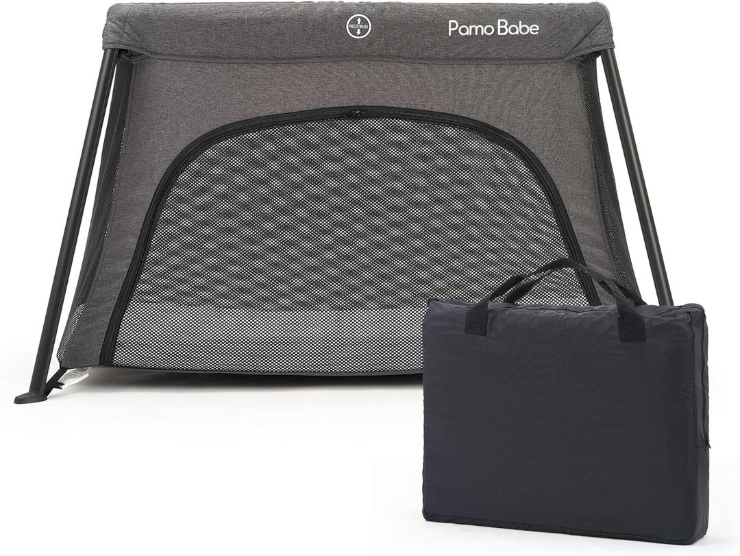 Pamo Babe Travel Crib - Lightweight Baby Playard with Zip Door, Carry Bag for Airplane - Easy to Carry (Grey)