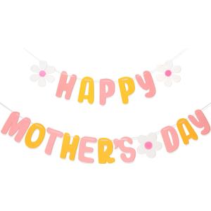 Mother's Day Felt Banner, Pre-Strung Happy Mothers Day Banner with Flower,Garland Banner for Mothers Day Brunch Event