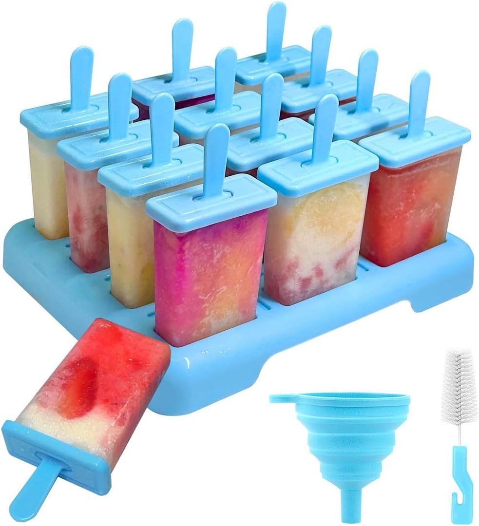 12 Cavities Popsicles Molds, Without BPA Popsicle Molds with Built-in Popsicle Stick, DIY Popsicle Molds with Cleaning Brush and Funnel 12 Cavities Popsicles Molds, Without BPA Popsicle Molds with Built-in Popsicle Stick, DIY Popsicle Molds with Cleaning Brush and Funnel