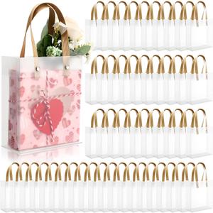 Qilery Clear Frosted Gift Bags with Handles, 5.9 x 5.1 x 2.36 Inches Small Transparent Party Favor Bag Plastic Goodie Bags for Mother's Day Wedding Baby Shower Birthday Graduation DIY(50,Brown)