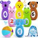 teytoy Baby Bowling Set for Toddlers 1-3, Bowling Games for Kids Indoor with 6 Pins and Storage Bag, Animal Themed Sensory Toys with Rattle & Number, Easter Christmas Birthday Gift