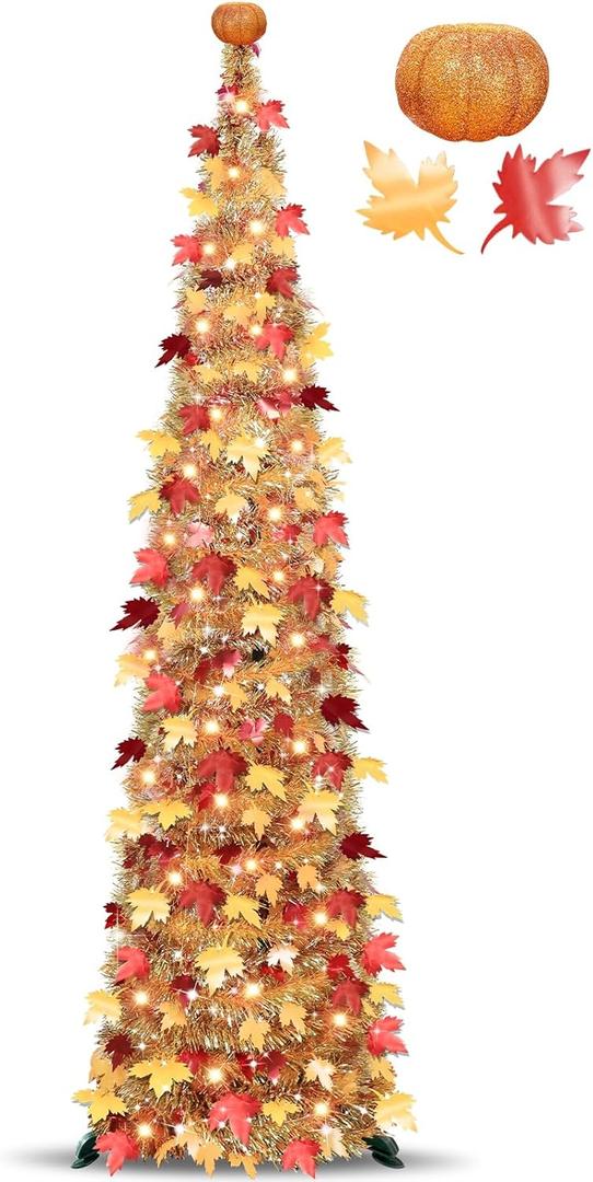 Timer & Pumpkin - 6 Ft Lighted Fall Tree Thanksgiving Fall Decorations for home, Pop Up Tinsel Maple Tree with 60 LED Orange Warm Lights Battery Operated Collapsible Thanksgiving Tree Porch Home Party