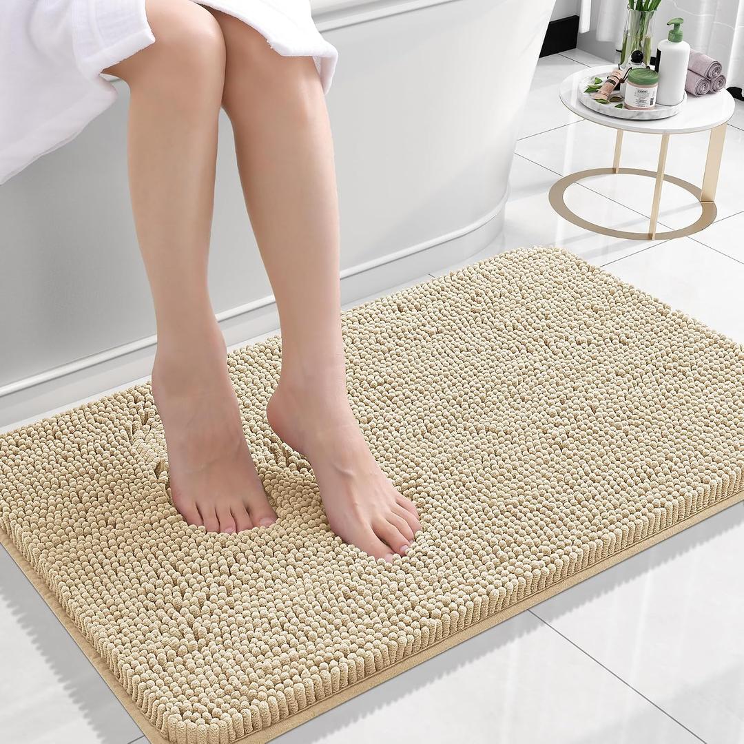 OLANLY Bathroom Rugs 24x16, Extra Soft Absorbent Chenille Bath Rugs, Rubber Backing Quick Dry, Machine Washable Bath Mats for Bathroom Floor, Tub and Shower, Home Decor Accessories, Beige