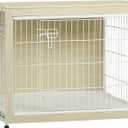 DWANTON Dog Crate Furniture with Cushion, Wooden Kennel Table with Double Doors, Indoor Dog House, Large Size, 38.5" L, White Oak