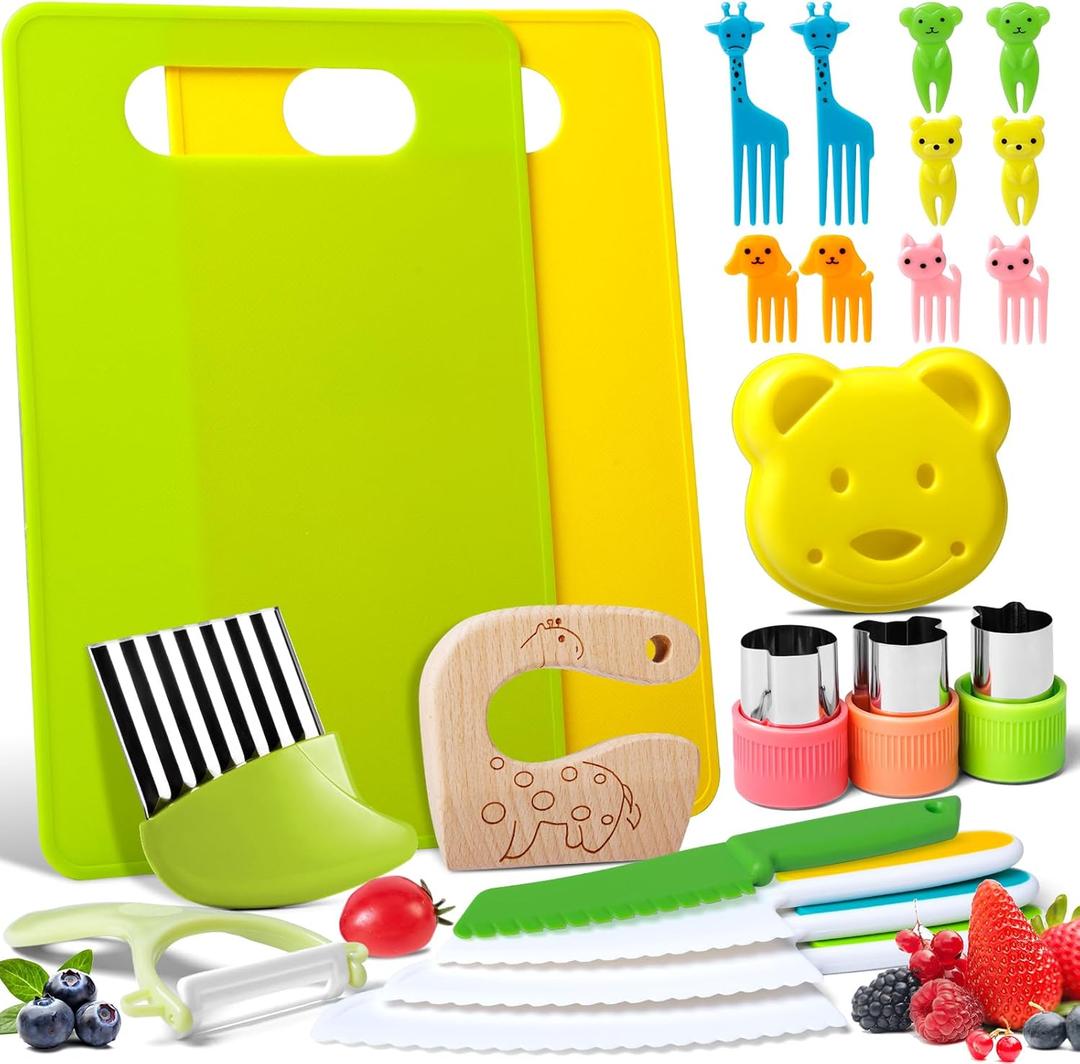23 PCS Kids Cooking Sets, Kitchen Tools for Toddlers' Real Cooking, Kids Kitchen Knife Set with Cutting Board Kid Safe Knives Peeler Sandwich Cutters Crinkle Cutter, for Girls Boys
