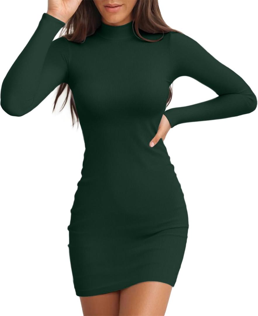 Valiamcep Women's Long Sleeve Dress Mock Neck Basic Ribbed Slim Fit Bodycon Mini Pencil Dresses (Medium, A Dark Green)