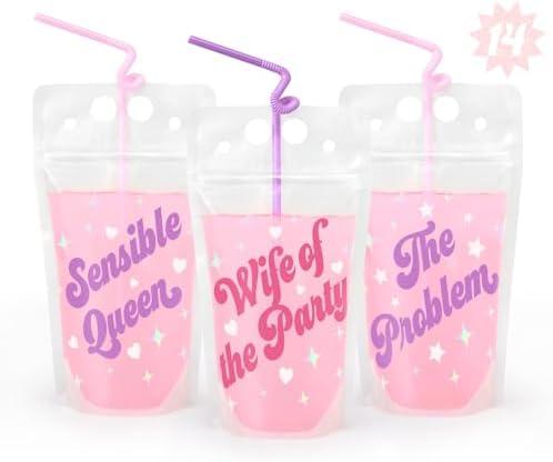 xo, Fetti Bachelorette Party Drink Pouches - 14 pcs | Bach Party Cups, Bridesmaid Names Decorations, Maid of Dishonor Favors, Wife of the Party