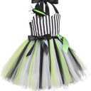 Little Girls Halloween Costume Striped Tulle Dress Headband Set Toddler Cosplay Birthday Outfit Fairy Fancy Dress up (7-8 Years, Black Green)