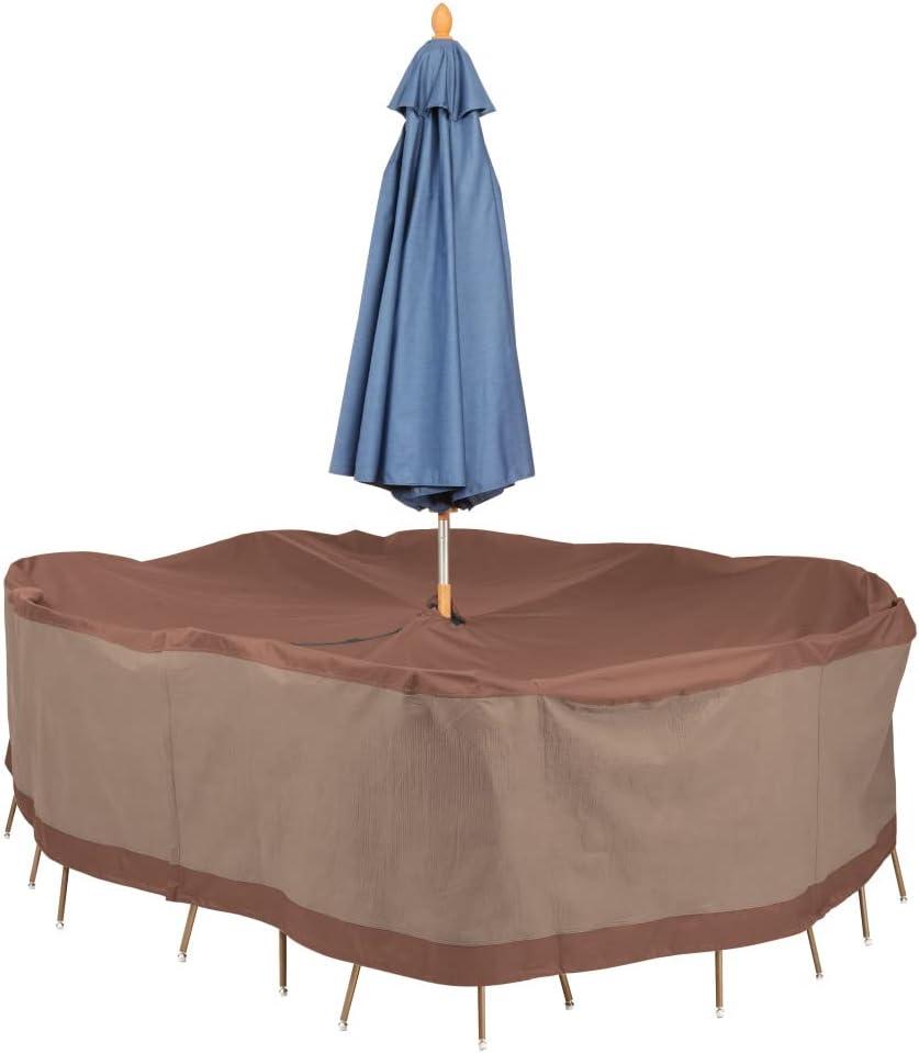 DUCKCOVERS Ultimate Waterproof 88 Inch Rectangular/Oval Patio Table & Chair Set Cover with Umbrella Hole, Outdoor Table Cover, Mocha Cappuccino (88"W x 58"D x 32"H)