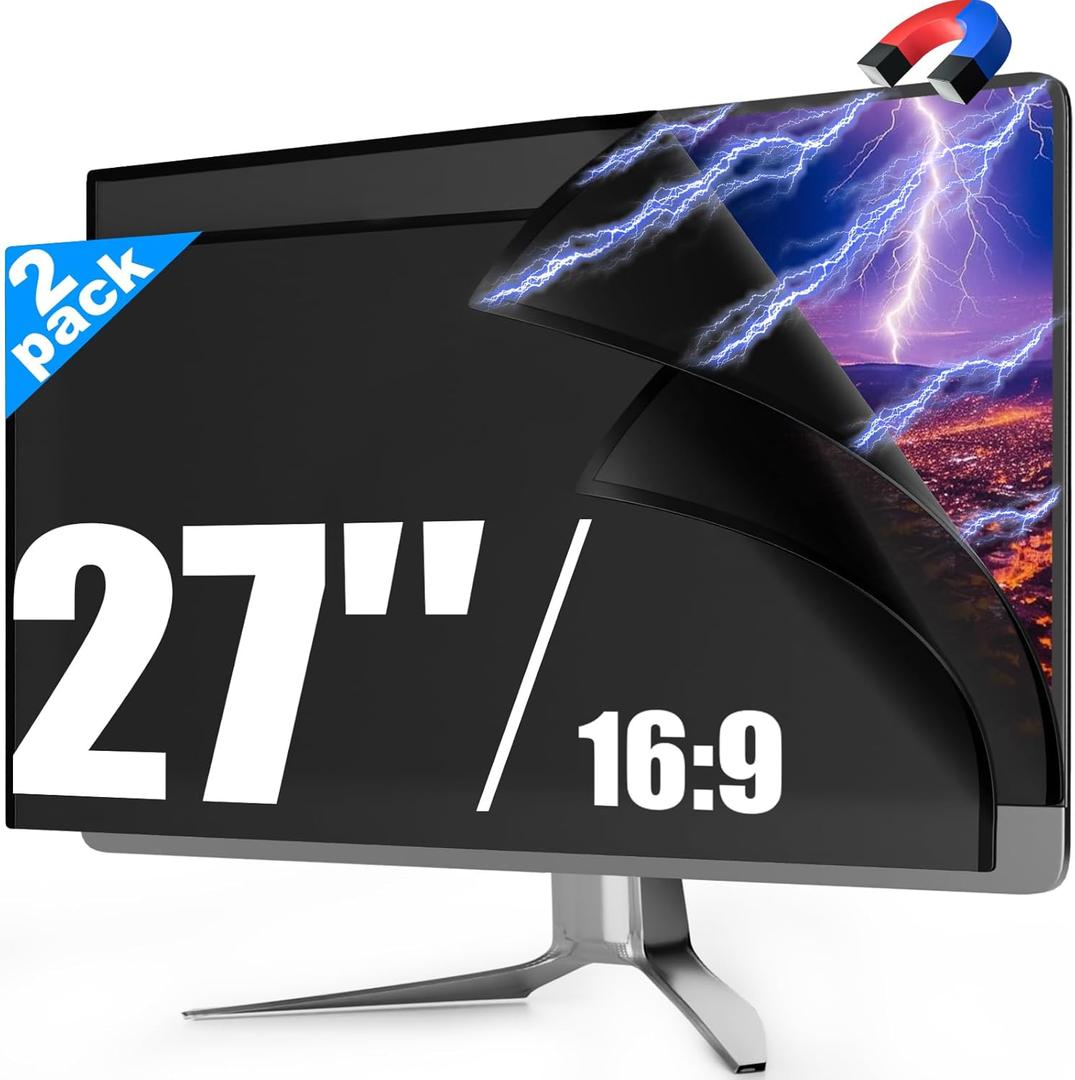 2 Pack Magnetic 27 Inch Monitor Privacy Screen Filter for Frameless Computer 16:9 Aspect Ratio, Reversible Eye Protection Anti Blue Light Glare Shield, Removable Anti Spy Blackout Desktop Protector