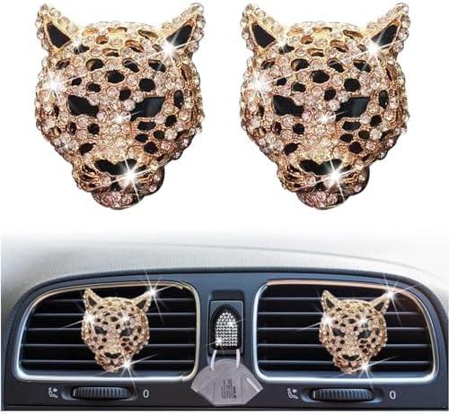 2PCs Golden Bling Leopard Air Freshener Vent Clip Rhinestone Car Decoration Interiors Accessory