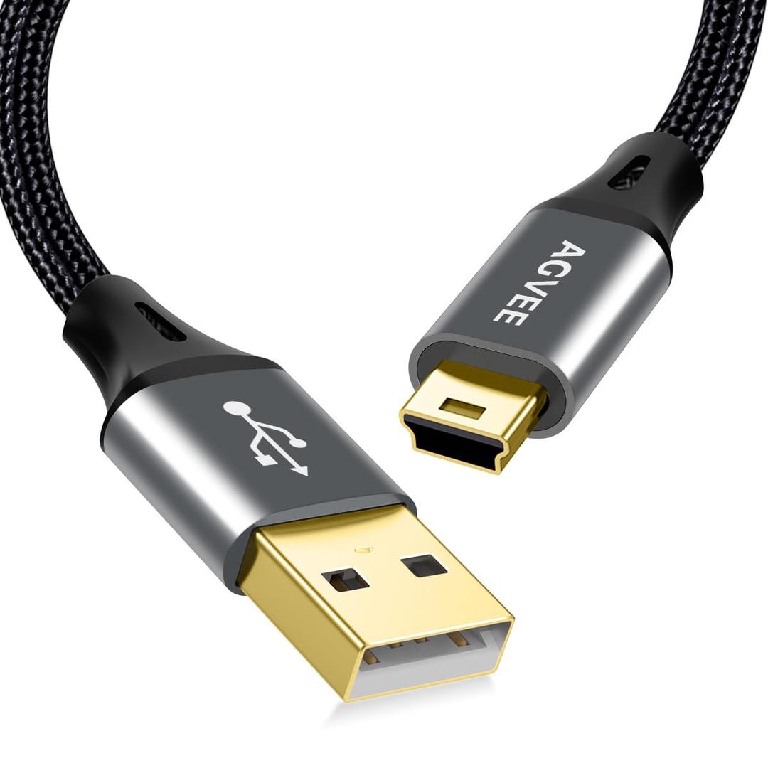AGVEE 2 Pack 6.6ft Mini USB Cable, Braided Durable USB-A to Mini-B Charger Charging Cord for TI-84, Garmin GPS, Go-Pro Hero 4 3 2 HD, PS3 Controller, Canon Camera, Blue Yeti Microphone, Dark Gray