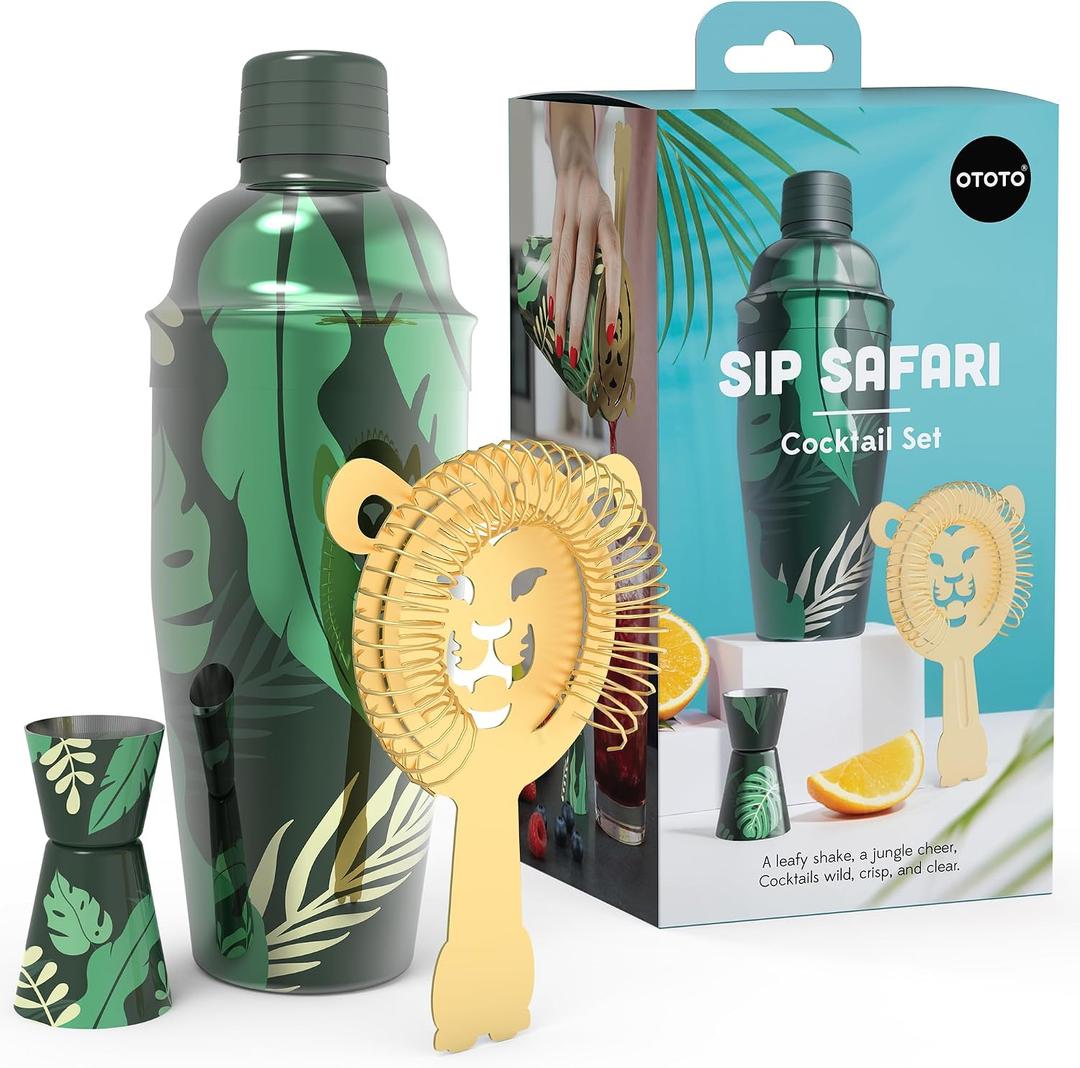 NEW OTOTO Cocktail Shaker Set - Bartender Kit with Lion Cap, Bar Cart, Bar Accessories, Drink Shaker, Cocktail Shaker with Strainer, Unique Gift Set, Kitchen Set, Kitchen Gadgets (Sip Safari)