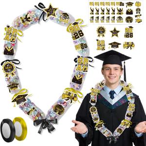 Candy Leis for Graduation 2026 - Candy Lei Making Kit Clear Poly Tubing Gold Black, 12 Tubing Clear, 2 Rolls Ribbon, 72 Paper Cards 12 Stickers DIY Grad Gift Supplies College High School