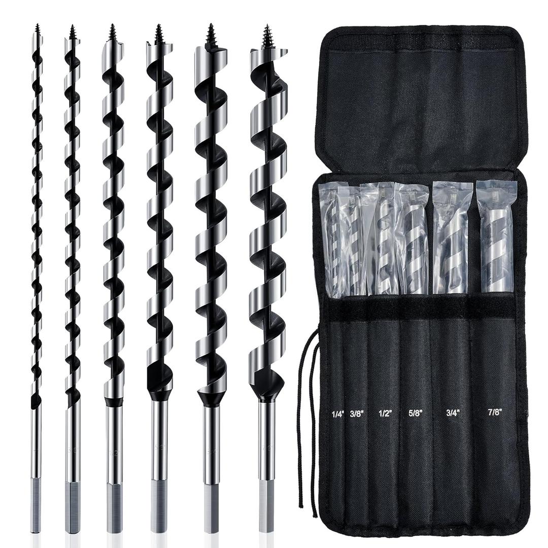 6Pcs 12"" Wood Auger Drill bit Set1/4""-7/8"" Hex Shank Auger Drill bit Wood for Soft and Hard Wood,Drywall,Plastic and Composite Materials