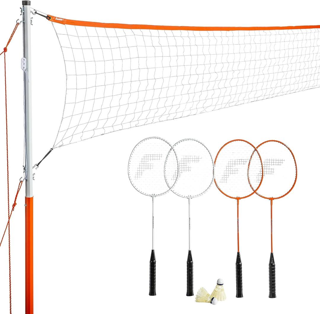Franklin Sports Badminton Net Sets - Outdoor Backyard + Beach Badminton Net + Equipment Set - (4) Rackets + (2) Birdies + Portable Net Included - Adults + Kids Set, One Size