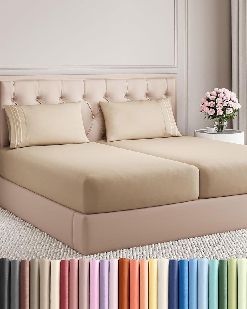 Split King Size 5 Piece Sheet Set - Comfy Breathable & Cooling Bed Sheets Set - Hotel Luxury Bedding for Women, Men, Kids, Teens, Boys & Girls - Deep Pockets, Soft and Wrinkle Free - Oeko-Tex - Cream