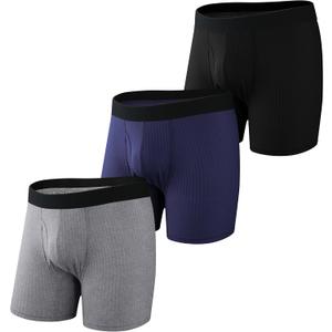 Mens 3/6 Pcs Performance Boxer Brief with Fly, Soft Tagless Moisture-wicking Mens Stripe Underwear Multipack (M)