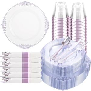 Hioasis 175pcs Clear and Purple Plates - Purple Party Plates for 25 Guest, Include 50 Heavy-duty Plates(20% Thicker Than Standard), 25 Pre Rolled Gold Plastic Silverware Set, 25 Cups