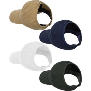 Jiuguva 4 Pack Backless Ponytail Hat for Dreadlocks Women Retro Washed Distressed Baseball Cap Adjustable (Medium, White, Army Green, Khaki, Navy Blue)