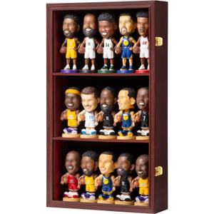 Bobblehead Display Case Action Figure Display Case Bobble Head Shadow Box Wall Cabinet for 15 Figurines Display with Lockable Anti Fade Uv Protection for Bobble Head, Action Toy Figures, Mahogany