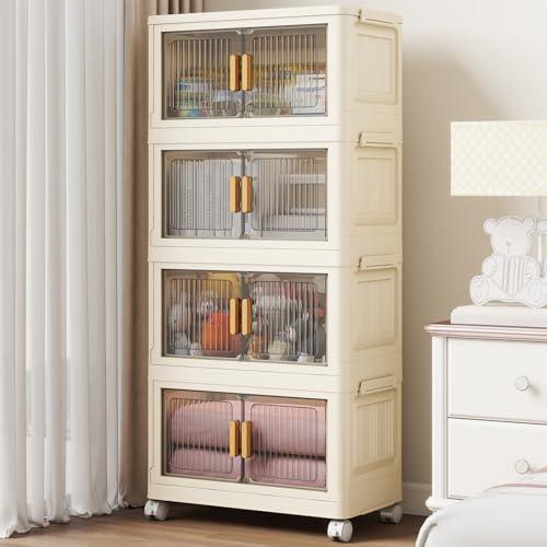 Fejrpkn 4 Tier Stackable Plastic Storage Bins with Lids 58QT, Collapsible Closet Organizers and Storage with Wheels for Living Room,Office,Dorm