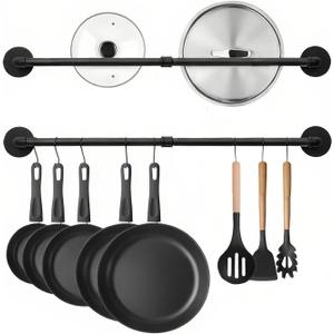 24 inch Pan Rack Wall Mounted Set of 2, Pan Hangers for Kitchen, Industrial Pipe Utensils Hanging Rail Detachable Storage Organizer, Iron Lids Holder with 10 S Hooks