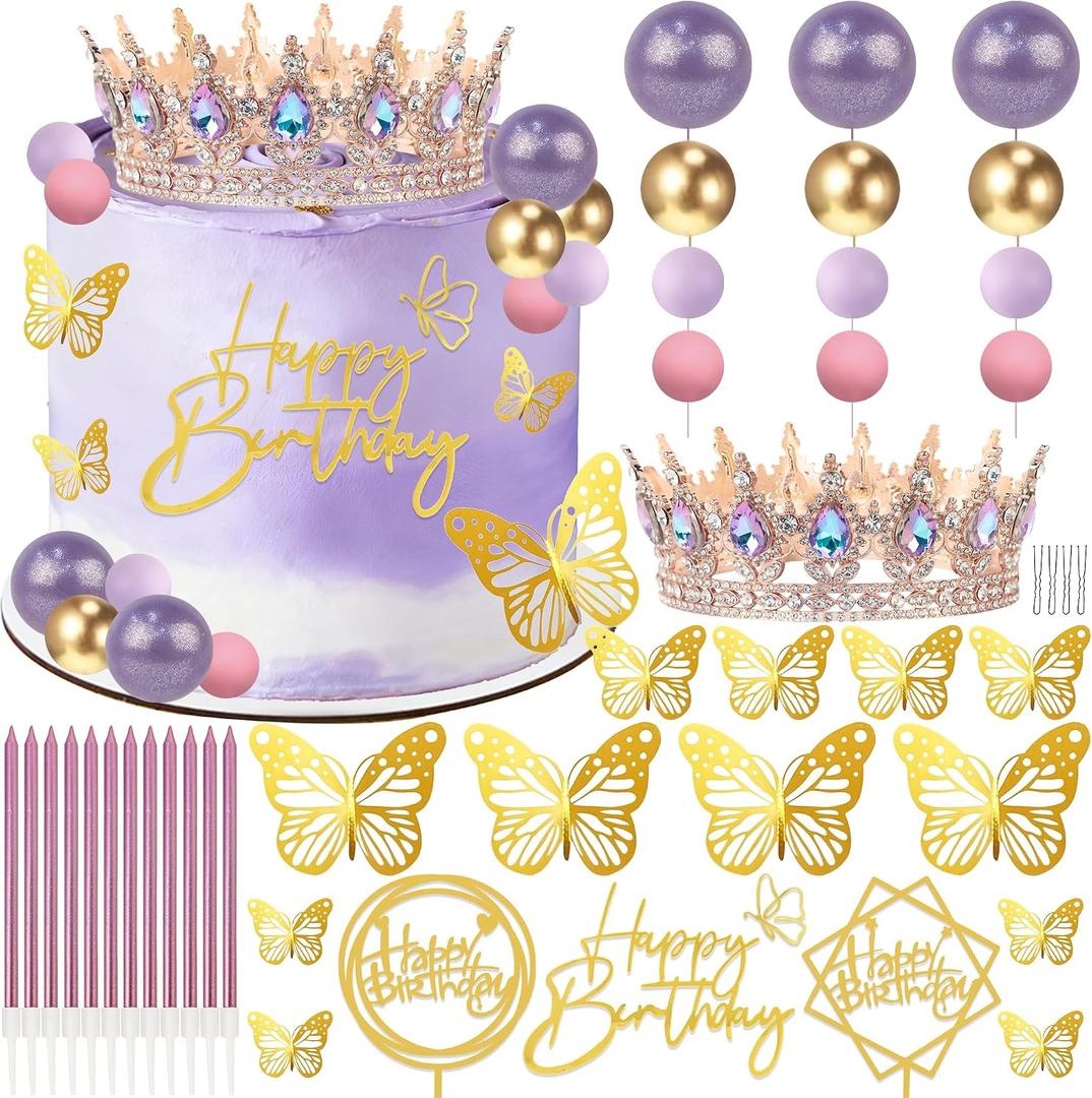 Corona Para Pastel, Crown Cake Topper, 3 Happy Birthday Cake Toppers, Balls Candles Butterflies Cake Decorations, Birthday Crown for Women Queen Princess (Rose Gold, Moonlight Purple)