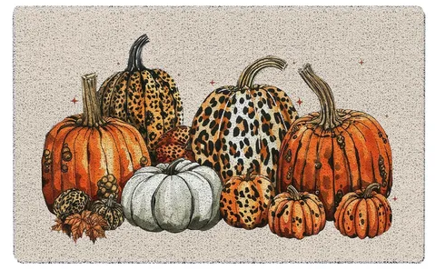 KEUSPI Fall Pumpkin Door Mat, Trendy Orange Leopard Autumn Halloween Pumpkin Welcome Mats for Home Outdoor Indoor Entrance, Farmhouse Fall Doormat for Front Door Porch Entryway, 17x30 Inches