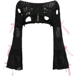 SHENHE Women's Crochet Shrug Bow Sweater Y2k Hollow Out Bell Sleeve Cropped Top (Black)