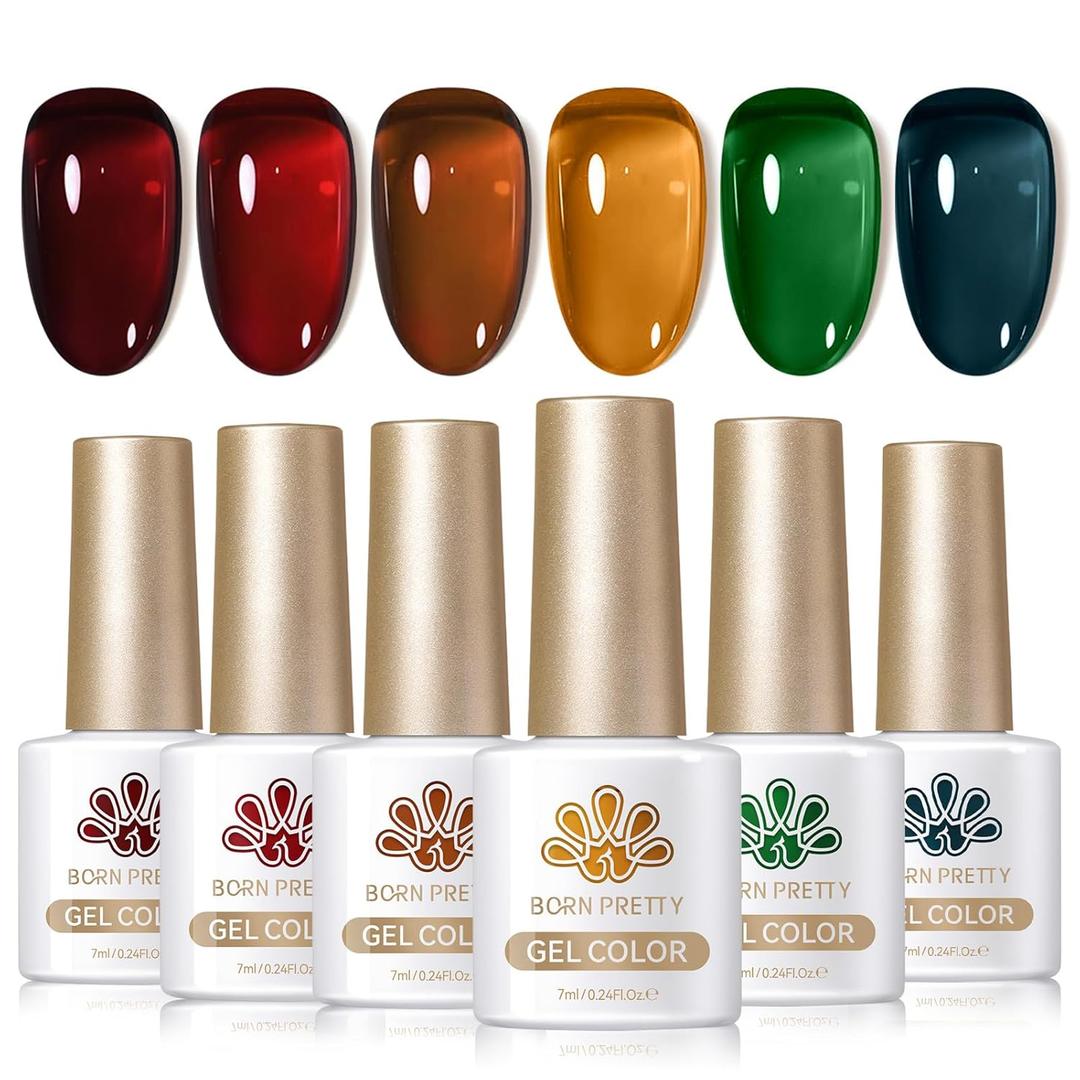 Born Pretty Jelly Gel Nail Polish Transparent Gel Polish,Brown Blood Wine Red Orange Green Blue,Soak Off U v LED Light Cure Nail Art Kit for Salon and DIY at Home (Amber Glow)