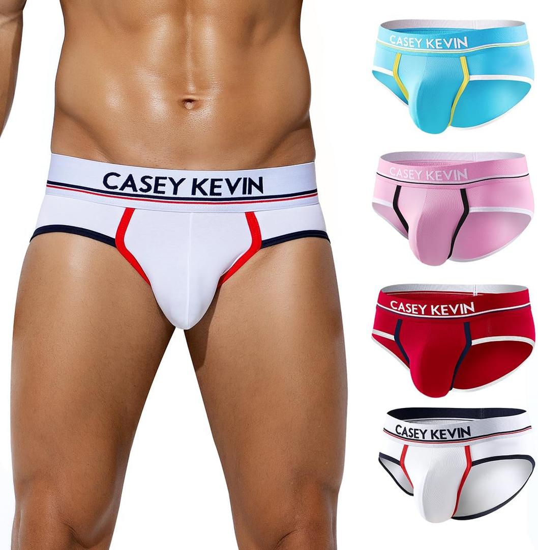 Casey Kevin Men's Cotton Briefs Wide Waistband No Fly Underwear Briefs for Men 4 Pack (L)