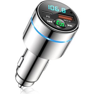 FM Transmitter for Bluetooth 5.3, [All-Metal] PD 30W & QC3.0 18W Fast Car Charger, Wireless FM Radio Kit Bluetooth Car Adapter, Noise Cancelling Hands-Free Call, Blue Light - Silver