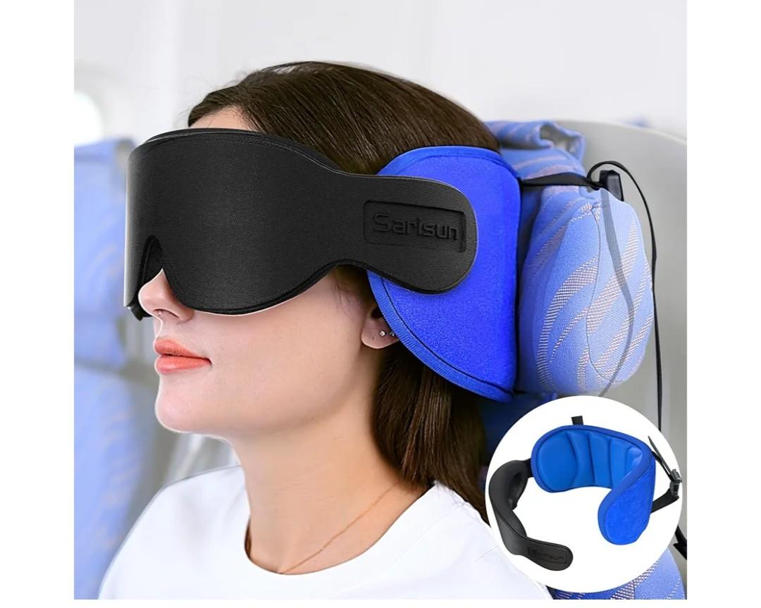 Travel Pillows for Airplanes, Airplane Pillow with 3D Eye Mask for Sleeping, 360° Support Headrest for Long Flight, Road Trip, Stop Bobblehead Travel Essential Airplane Sleep Head Strap, Blue
