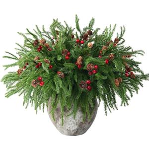 Hommyea 10 Pcs Artificial Christmas Norfolk Pine Stems with Pine Cones and Red Berries Branches 16" Real Touch Norfolk Pine Branches Faux Greenery Picks for Vase DIY Garland Xmas Indoor Outdoor Decor