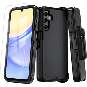 Qinmay Phone Case for Samsung Galaxy A15 5G Case with HD Screen Protector, Heavy Duty Shockproof & Dropproof 3-Layer Cover Phone Case for Galaxy A15,BeltClip_Black