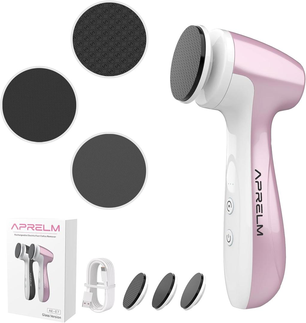 APRELM Rechargeable Electric Foot Callus Remover with 3 Glass Grinding Heads, Professional 1000RPM 3-Speed Control Electric Foot File (E7 Pink Glass Version)