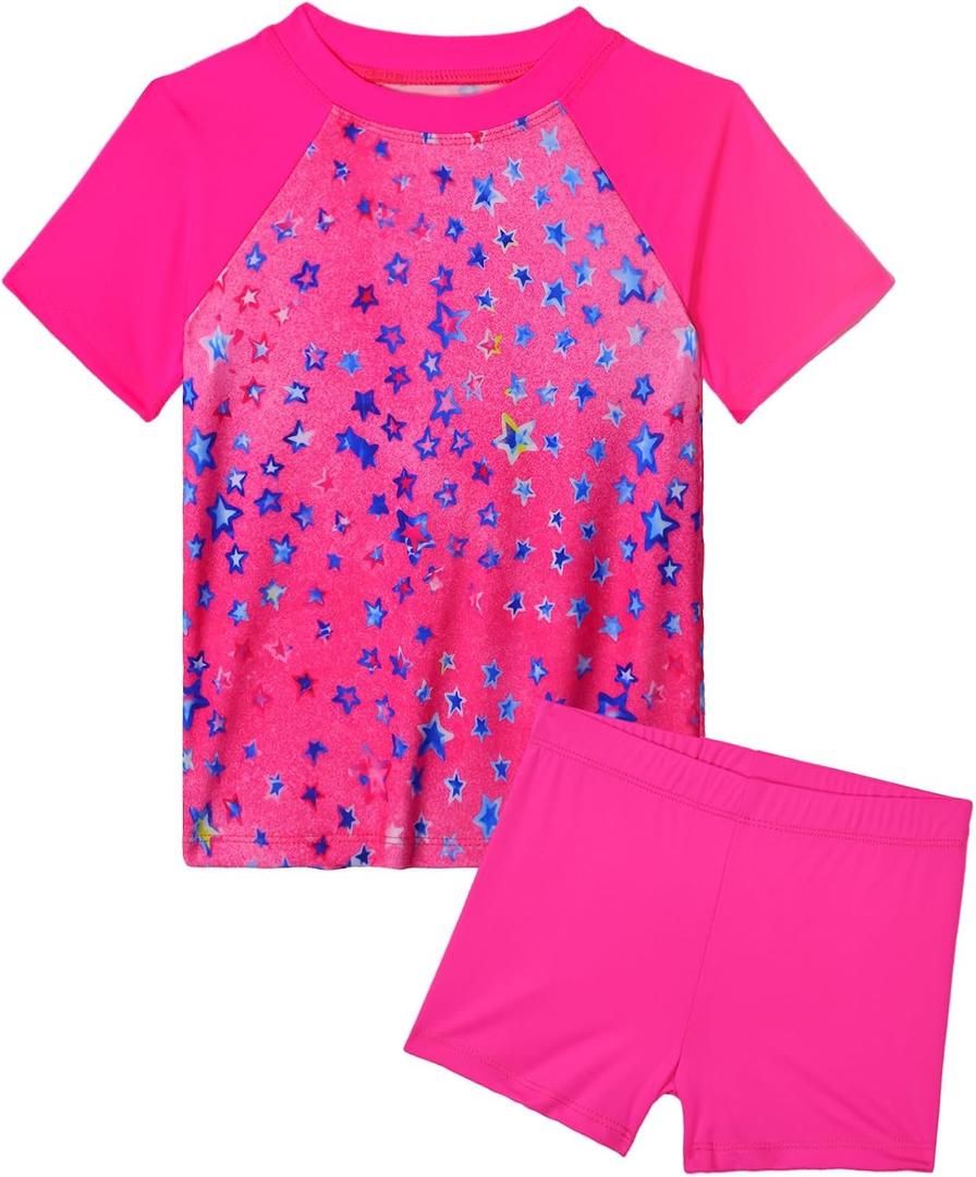 Snowheart Girls Swimsuit Short Sleeve Rash Guard with Shorts | For swimming, beach, pool parties. Super-soft, quick-drying, breathable. UPF 50+ sun protection. (Pink)