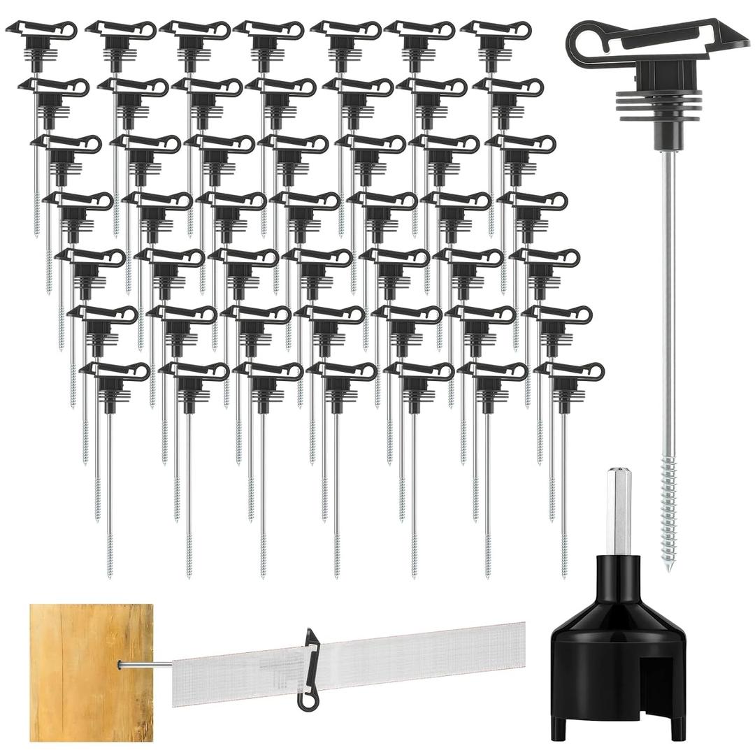 50 Pcs Black Electric Fence Wire Screw-in Insulator and 1 Insulator Socket Tool Labor-Saving Fence Ring Post Wood Post for Tape Rope Electric Wire Animal Agricultural Garden(Functional)