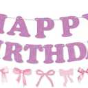2 x Bow Happy Birthday Banner Bow Garland Pink Bow Coquette Decor for Bachelorette Party Decorations Girls Women Baby Shower Birthday Party Supplies