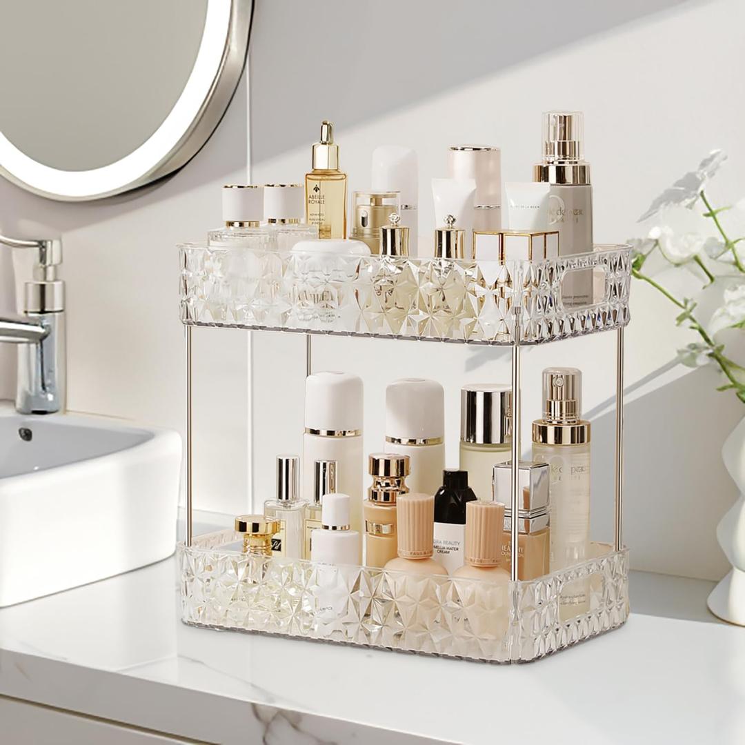 Makeup Organizer for Vanity,Bathroom Countertop Skincare Organizer,Makeup Counter Shelf Perfume Holder Rack,Cosmetic Display Case (Clear, 2 Tier)