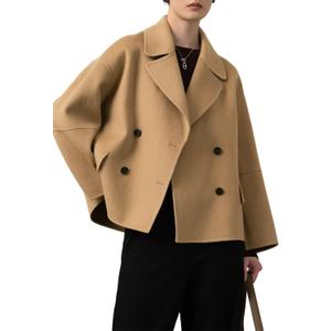 utcoco Women Cropped Wool Pea Coats Notched Lapel Double Breasted Crop Woolen Trench Coat Short Jackets with Pockets, Large