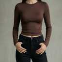 Women Basic Long Sleeve Round Neck Shirt Skinny Fit Stretchy Casual Tee Soft Comfy Essential Shirt (Brown, S)