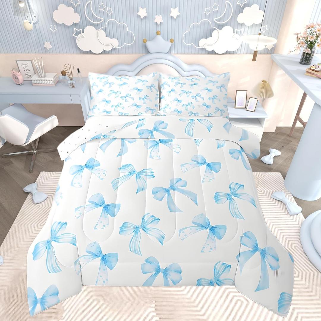 Feelyou Sky Blue Bow Bedding Set for Kids Boys Girls King Size Cute Dreamy Princess Style Comforter Set Ultra Soft Bow Pattern Comforter Sky Blue Bowknot Duvet Quilt Bedroom Decor Bow Quilt